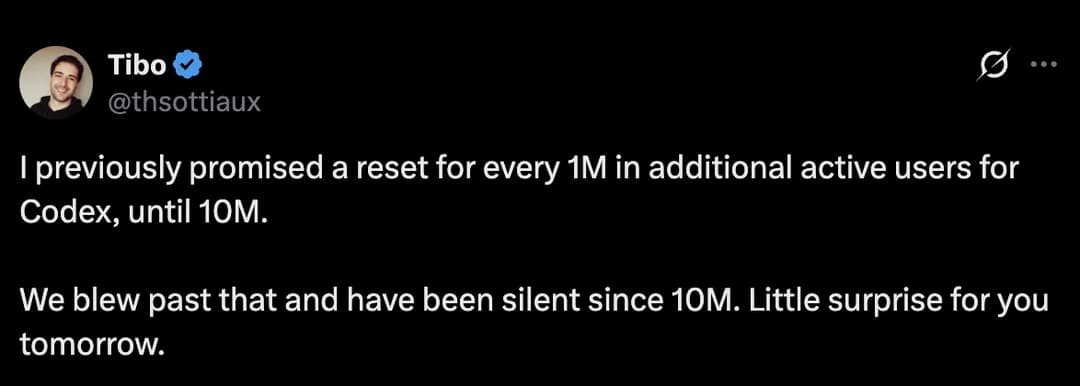 Tibo announcing another Codex reset after passing ten million active users